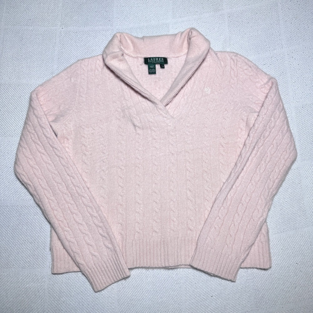 Lauren Ralph Lauren Sweater Size Medium Petite Cable Knit Wool Angora Shawl Pink